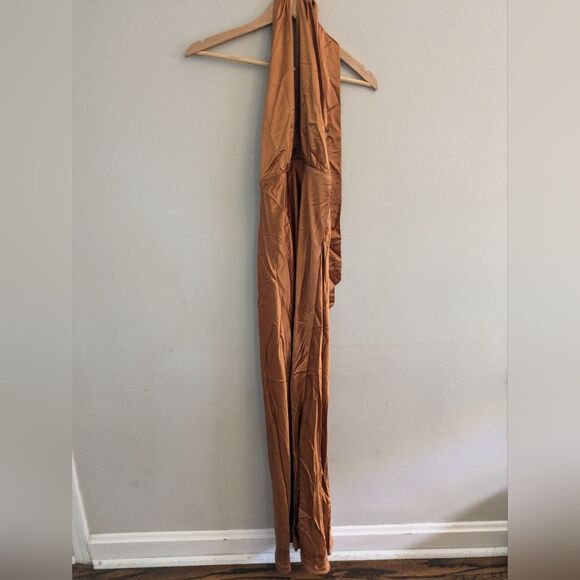 Something Navy Orange Halter Satin Gown Size XS - Picture 7 of 11